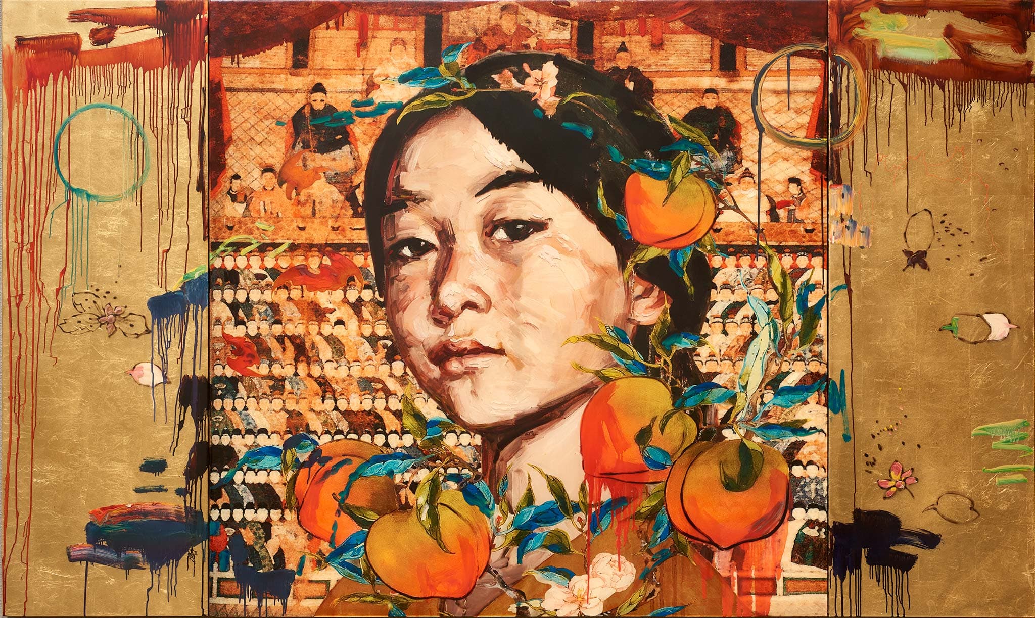 All The Ancestors - Hung LIU - 2018:25.17a-c Painting of a woman with dripping paint, surrounded by peaches.