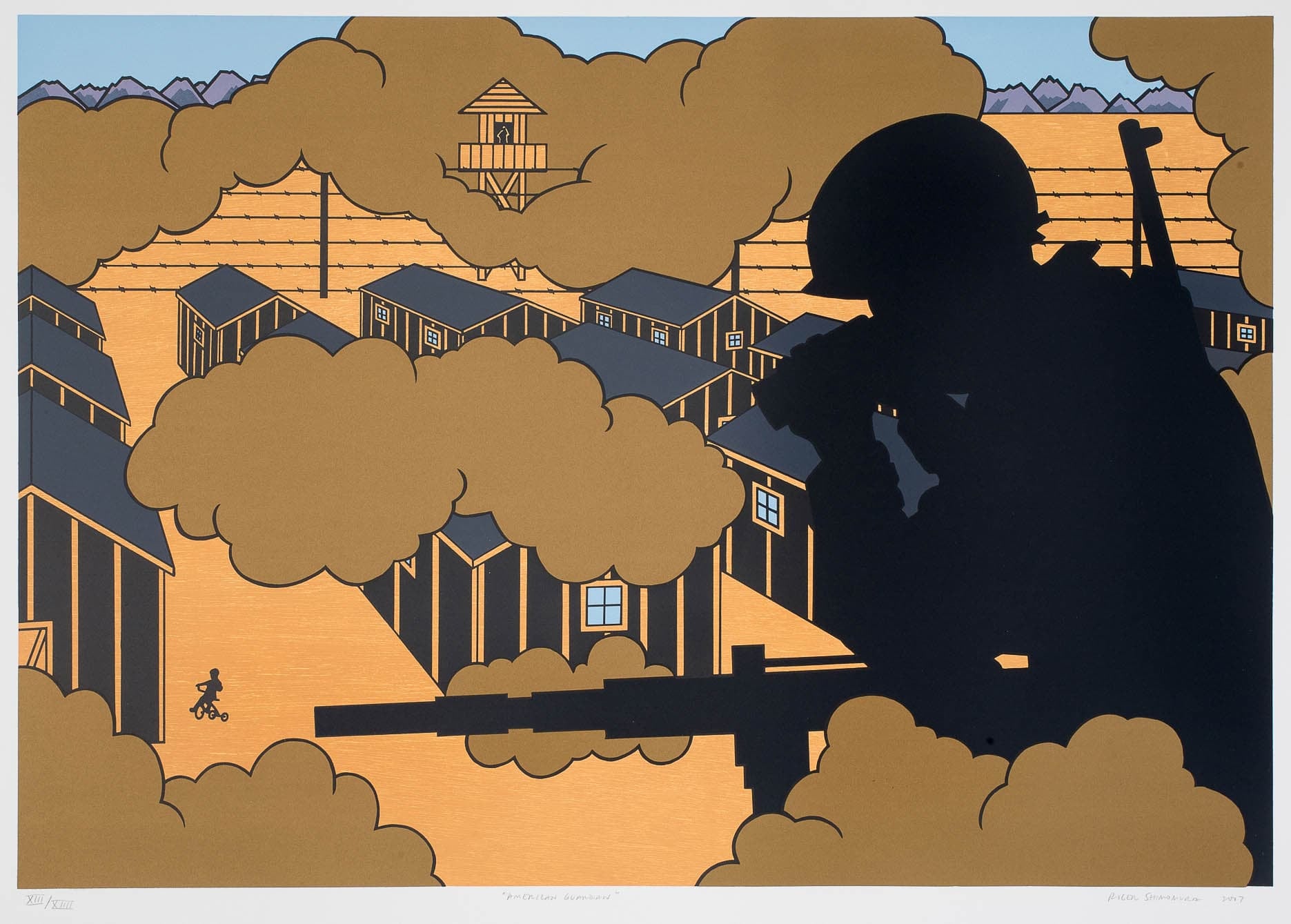 Houses in an internment camp surrounded by dust clouds with barbed wire fencing and a watch tower in the background. In the right corner, a large black silhouette of a soldier with an automatic rifle pointed toward the camp and a second rifle over his shoulder uses binoculars to watch a toddler riding a tricycle.
