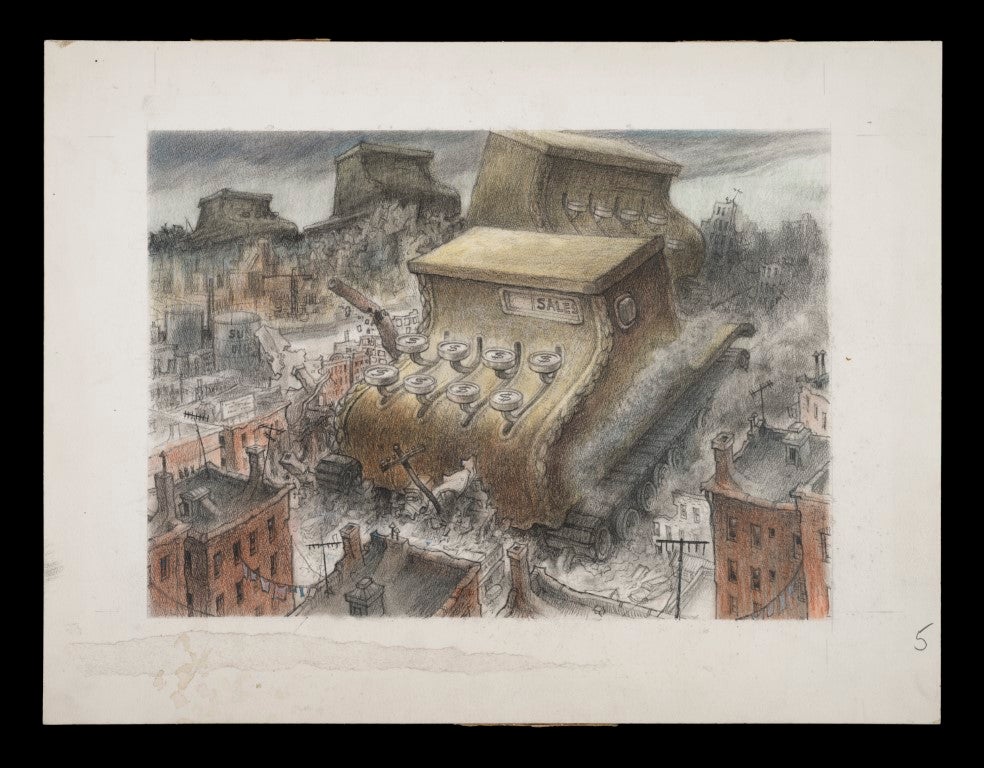 A cartoon of an old cash register as a tank, plowing through brownstone buildings.